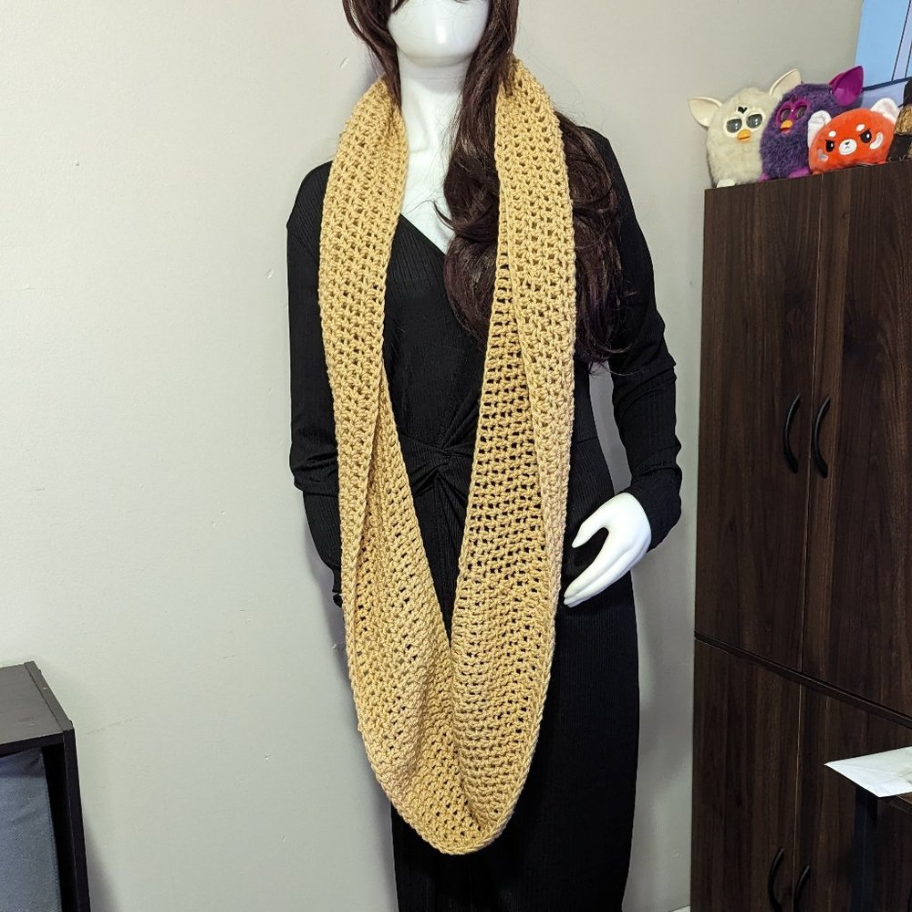 Hand Crafted Tan Lacey Square Crochet Infinity Scarf